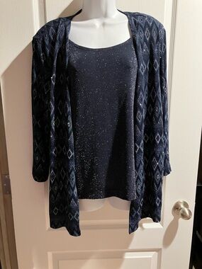 Alfred Dunner Navy Sparkle Tank with Diamond-Pattern Open Cardigan